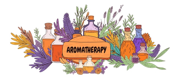 aromatherapy essential oils herbal bottles nature plants colorful leaves lavender orange purple