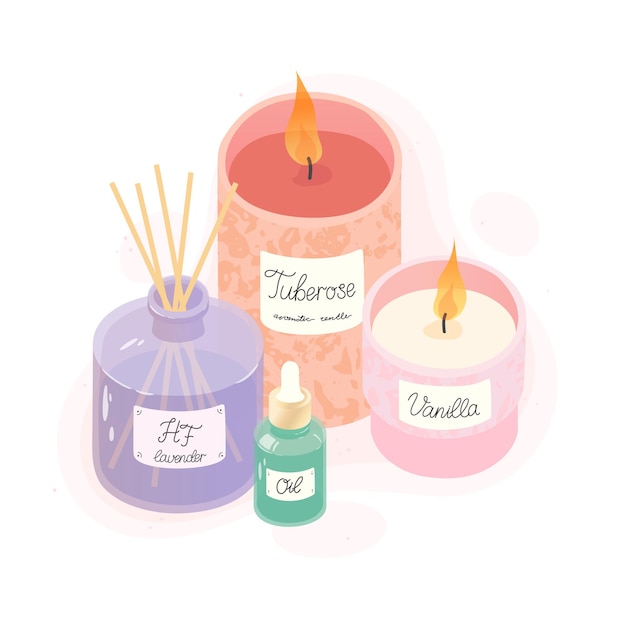 Vector aromatic candles,deffuser and essential oil vector illustration set.ayurveda,spa,wellness and beauty routine concept.aromatherapy and ralax design elements.home fragrances,cute hygge home decoration