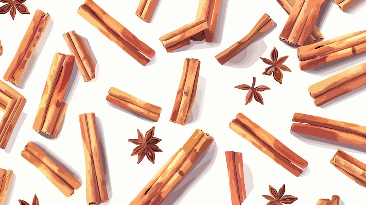 Vector aromatic cinnamon sticks top view on white background