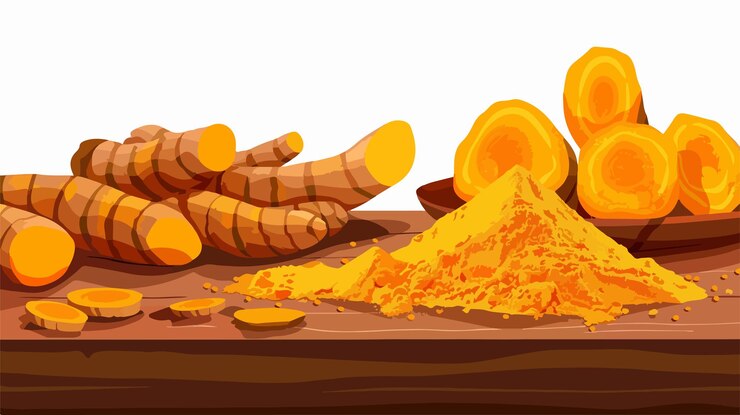 Vector aromatic turmeric flat lay vector illustration for herbal marketing