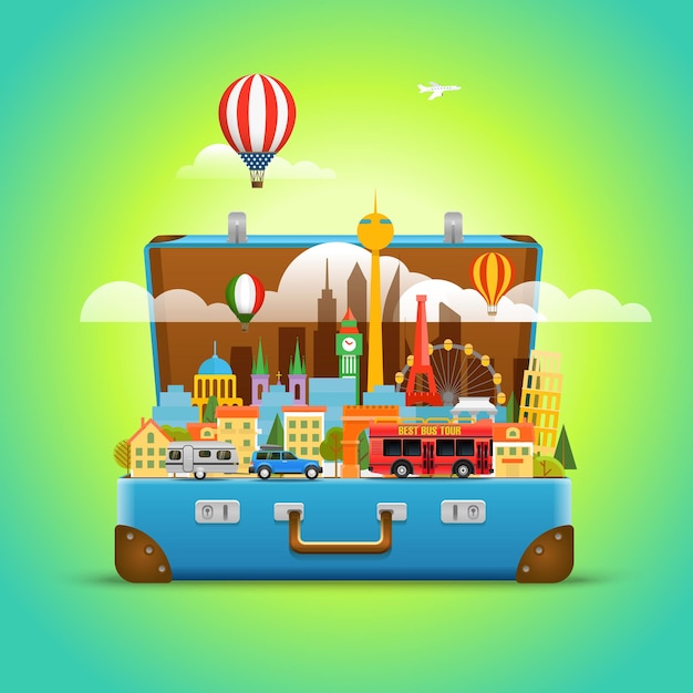 Around the world concept. Modern cityscape Vector travel illustration