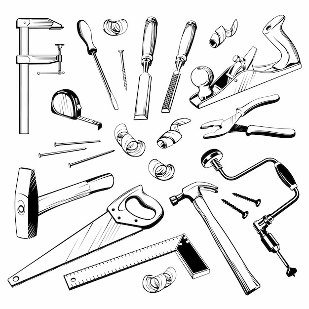 Сarpentry kit illustration. Joinery vector set. Vintage woodworking tools.