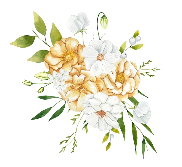 Arrangement of beige and white flowers with green leaves