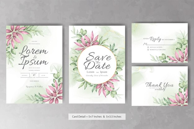 緑の水彩画の葉とアレンジメント花の結婚式の招待状セット