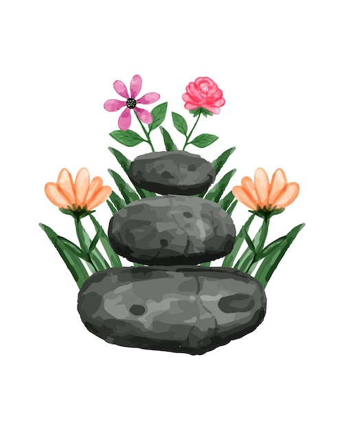수채화로 돌과 꽃의 배열