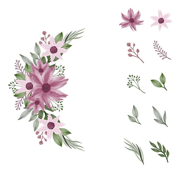 Vector arrangement of pink watercolor bouquet with flower element bud leaf and branch