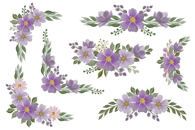 Vector arrangement of purple flower watercolor frame for wedding card
