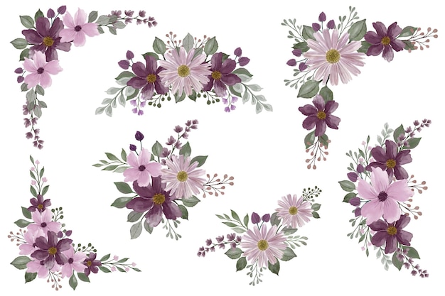 Vector arrangement of purple watercolor floral frame