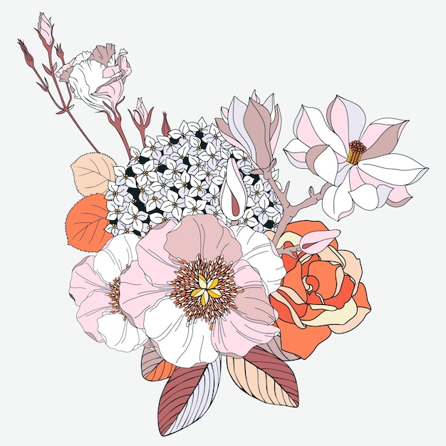 색상에서 봄 꽃과 배열입니다. 꽃 목련 수국 장미 모란 양귀비
