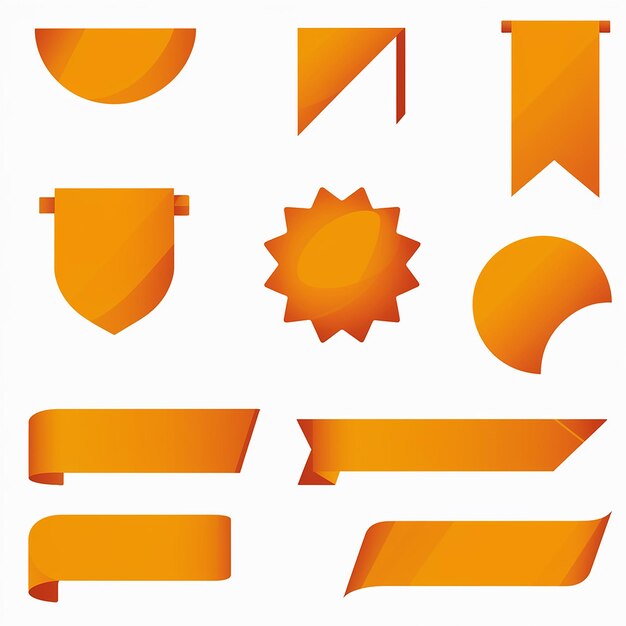 Vector array of vibrant orange banners and badges diverse shapes and styles