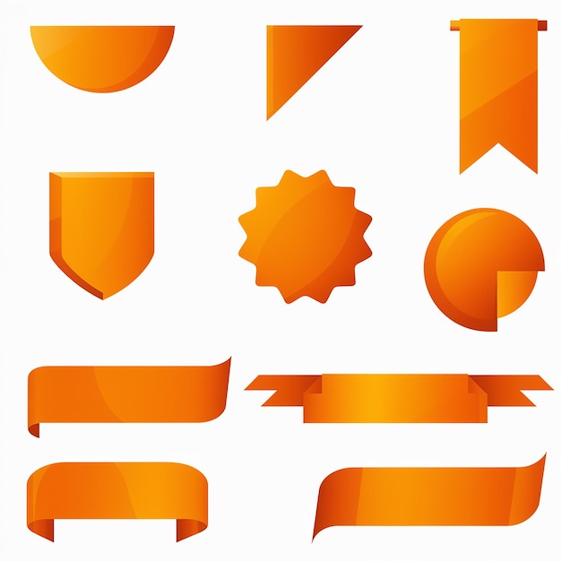 Vector array of vibrant orange banners and badges diverse shapes and styles