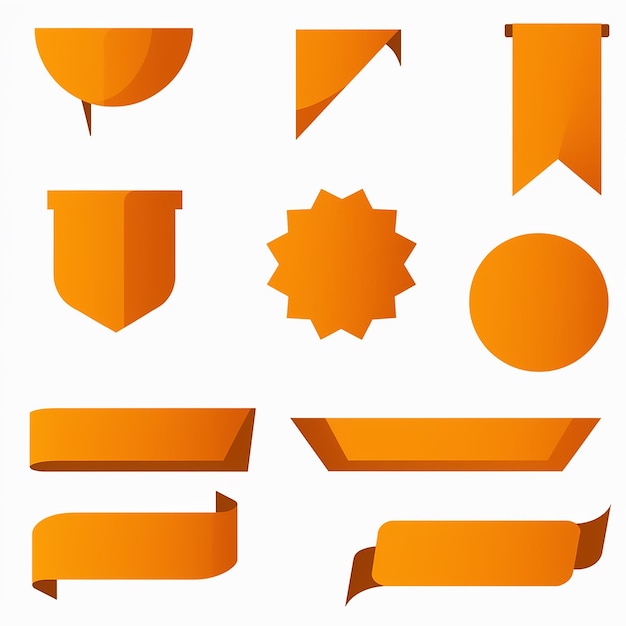 Vector array of vibrant orange banners and badges diverse shapes and styles