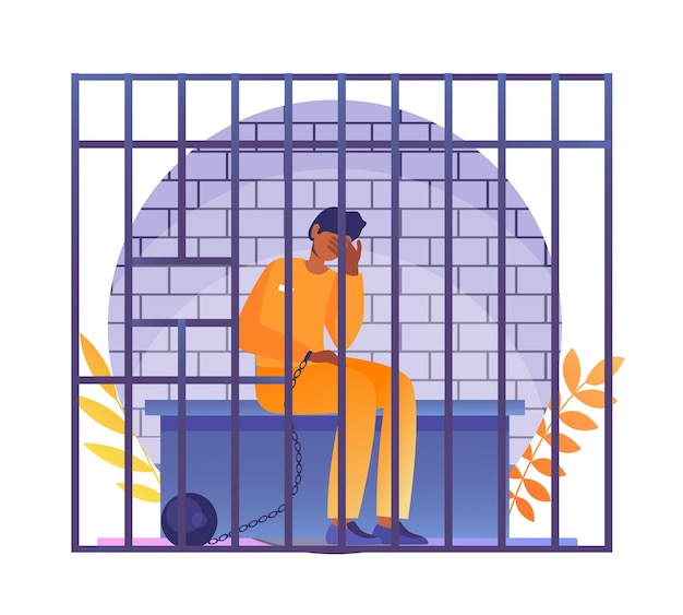 Vector arrested man sitting behind bars concept