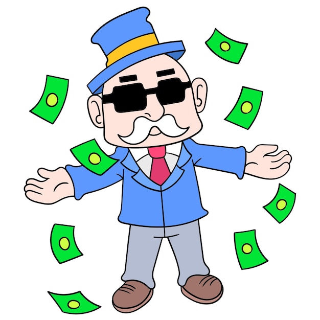 Arrogant rich old man is splurging on dollars, vector illustration art. doodle icon image kawaii.