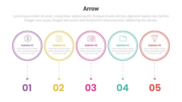 Arrow or arrows stage infographics template diagram with small circle right direction and 5 point step creative design for slide presentation