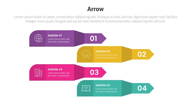 La freccia o le frecce mettono in scena il diagramma del modello di infografica con la direzione verticale del rettangolo sbilanciato e il design creativo a 4 punti per la presentazione di diapositive