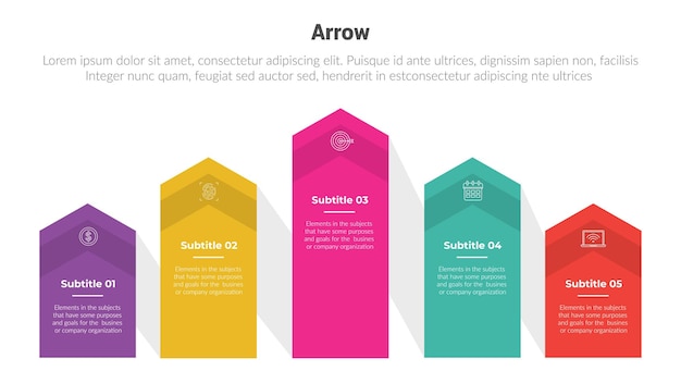 Arrow or arrows stage infographics template diagram with upward direction horizontal line and 5 point step creative design for slide presentation