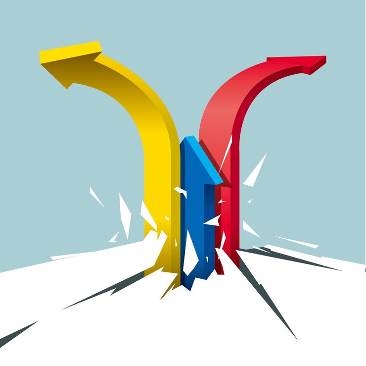 Vector the arrow breaks through the ground. isolated on blue background.