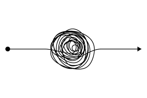 Arrow chaos mindset mess Doodle knot line concept with freehand scrawl sketch Vector hand drawn difficult thought process Tangle path