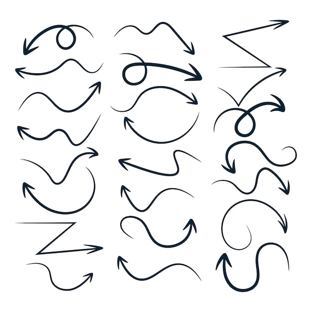 arrow hand drawn different shape direction black line set selection doodle sketch curve path