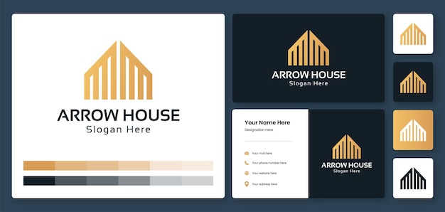 矢印の家のロゴデザインテンプレート名刺とアイデンティティテンプレートと家の建物のロゴ