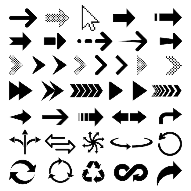 화살표 아이콘 벡터 평면 화살표의 큰 집합 흰색 배경 벡터 일러스트 레이 션에 고립 된 개념 화살표의 컬렉션