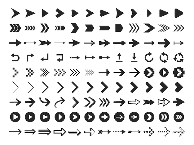 Arrow Icon. Infographic arrows sign, next or back web button and right pointer  silhouette icons set