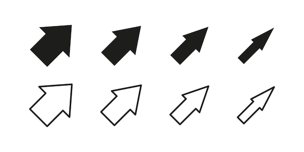 Set di icone freccia frecce vettoriali larghe e strette freccia nera piatta e puntatore lineare