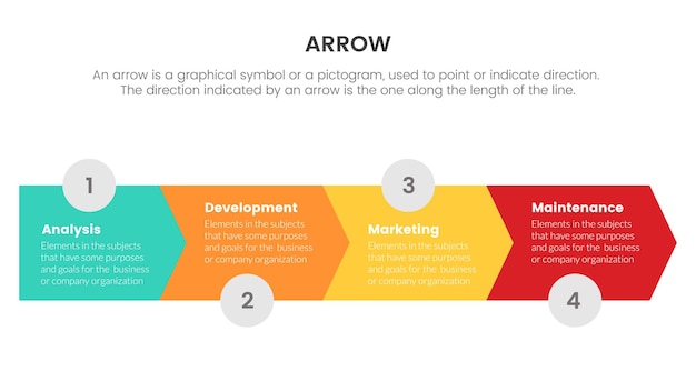 Arrow infographic with timeline concept for slide presentation with 4 point list and arrow shape direction