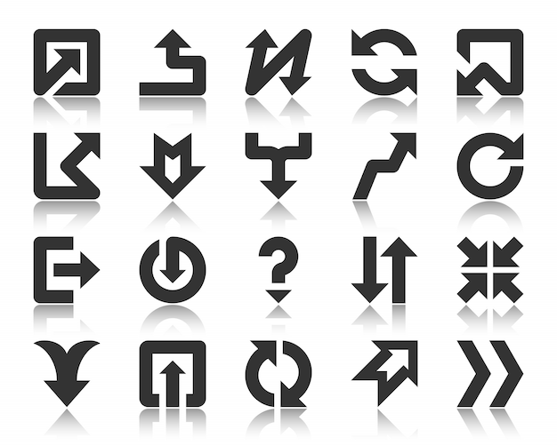 Arrow pointer black glyph icons set button down up, left right direction simple signpost sings.