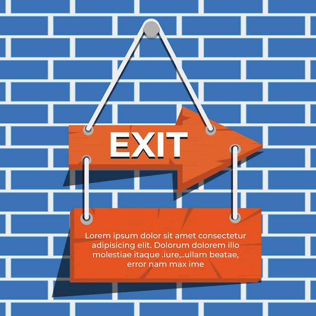 An arrow points to an exit sign on a blue brick wall.