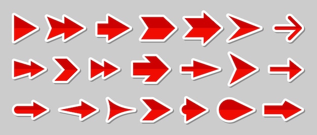 Стрелка красная навигационная плоская иконка большой набор Курсор простой знак коллекции наклеек Глянцевая следующая кнопка указатель пиктограмма Направление элемент современного дизайна на сером фоне