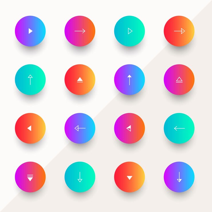 Vector arrow round button set, navigation vector app icon design for website. arrow left, next, right, previous, down, up signs. circle shape internet buttons. web design elements collection. arrowheads.