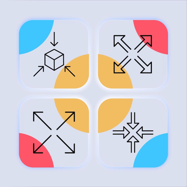 Vector 화살표 설정 아이콘 3d 모델링 개체 360도 회전 응용 프로그램 개발 확대 축소 가상 현실 배포 metaverse 개념 neomorphism 스타일 비즈니스를 위한 벡터 라인 아이콘