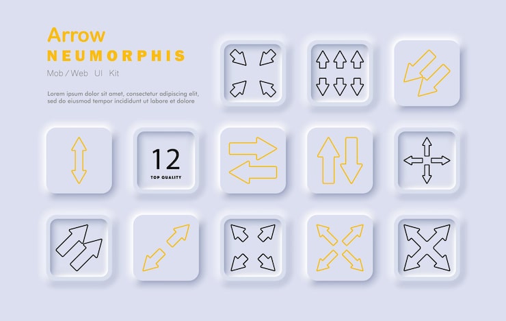 Vector arrow set icon up down left right navigation direction move expand minimize control ui elements pointers interface design guidance neomorphic style positioning neomorphism