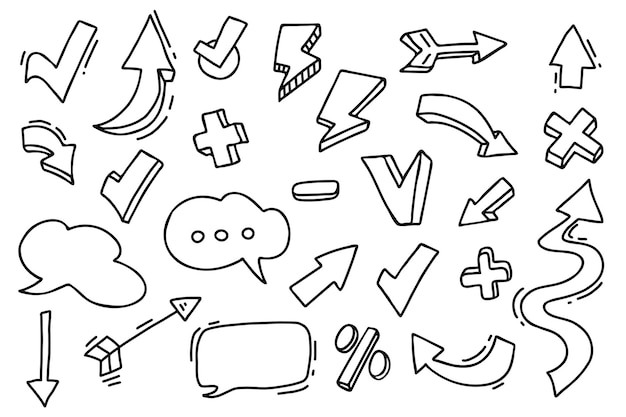Set di frecce simboli e segni frecce di forma diversa e nuvole di bolle in doodle lineare disegnato a mano