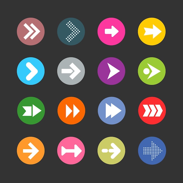 Arrow sign icon set. Simple circle shape internet button on grey background.