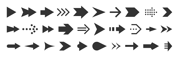 Arrows black flat icon set Different shape web pointer collection Direction right left up down simple symbols isolated on white backdrop Cursor interface arrow pictogram Play forward next button