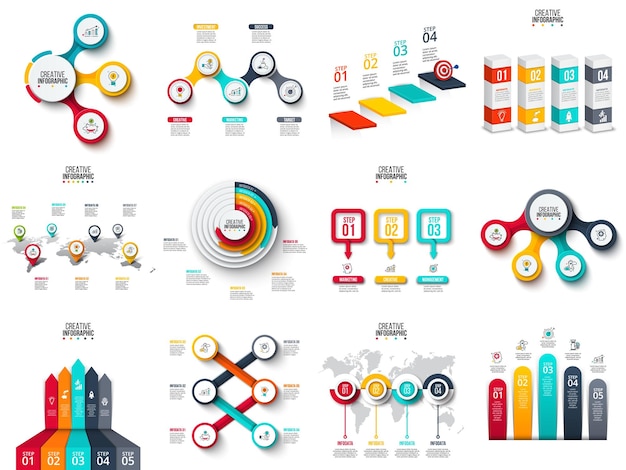 Vector arrows circles target columns map and timeline infographics set