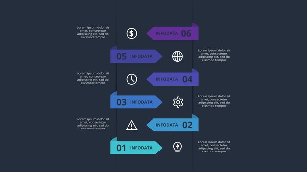 Стрелки темные инфографики с 6 элементами шаблона для Интернета на черном фоне бизнес-презентации Вектор