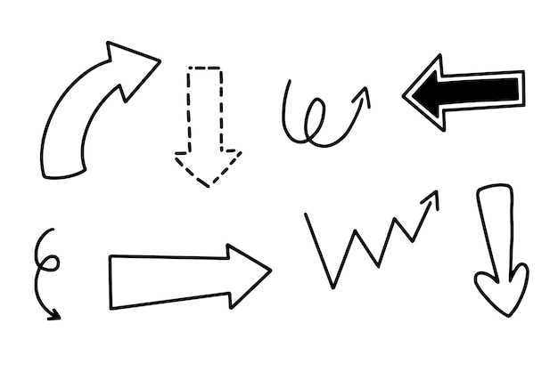 Vettore frecce disegnate a mano con linea nera segno di freccia per elemento