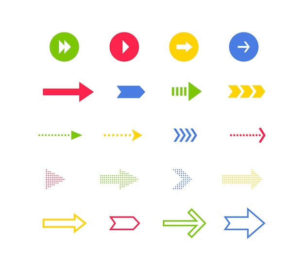 Arrows icons. Set of colored vector arrows isolated on white background. Vector illustration.