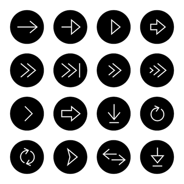 Vector arrows line icons on black circles. vector icon set.