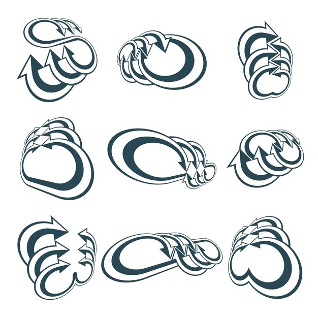 Коллекция векторных абстрактных символов стрелок, одноцветный концептуальный специальный трехмерный набор иконок.