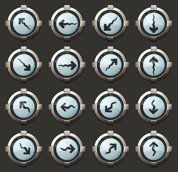 Arrows vector icons in steampunk style round buttons for mobile applications and web