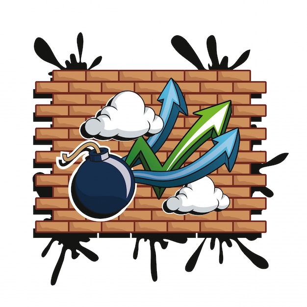 Vector arrows over wall with bomb and clouds icon