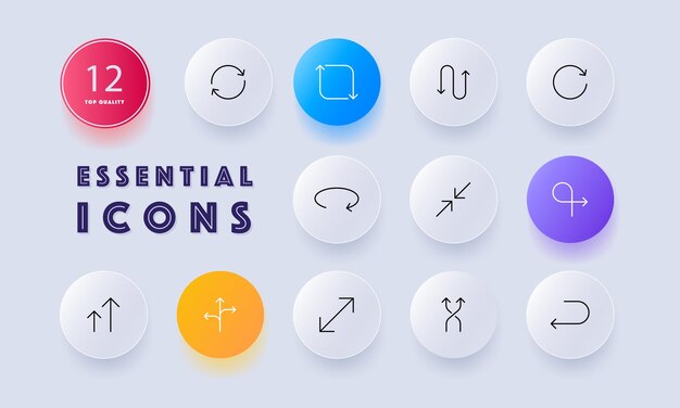 ウェブサイト ボタン セット アイコンの矢印次のページ スクロール リーフ スルー リンクをたどる右スワイプ左カーソル サイン技術概念ネオモーフィズム スタイル ベクトル線アイコン