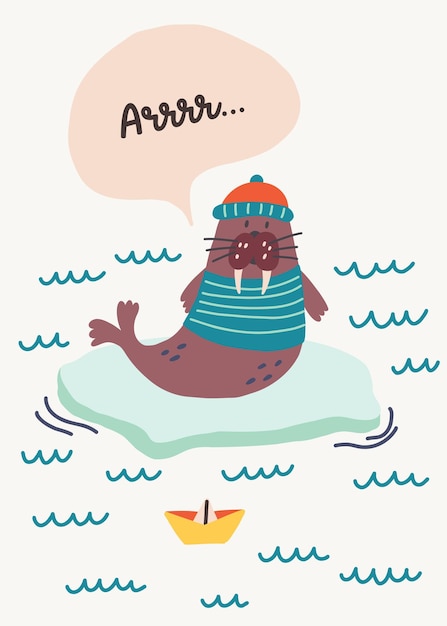 Arrrr belettering schattig walrus matroos zittend op ijsschots zee onderwater leven Doodle illustratie Hand getrokken kwekerij baby scandinavische stijl kinderen t-shirt briefkaart