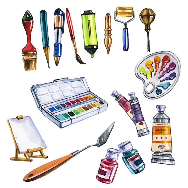 art attributes, artist tools hand drawn watercolor illustrations set. brushes and paints, painter instruments pack   art workshop items aquarelle paintings collection