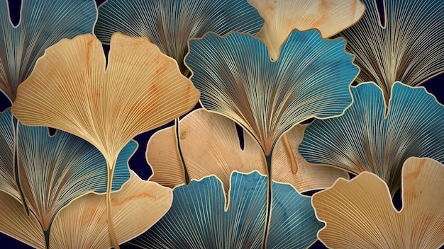 Art background with blue and gold ginkgo leaves for textile decoration, packaging or web banner